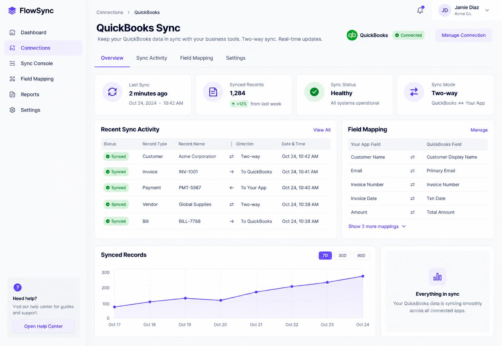 QB-Flow interface showing QuickBooks update status across endpoints